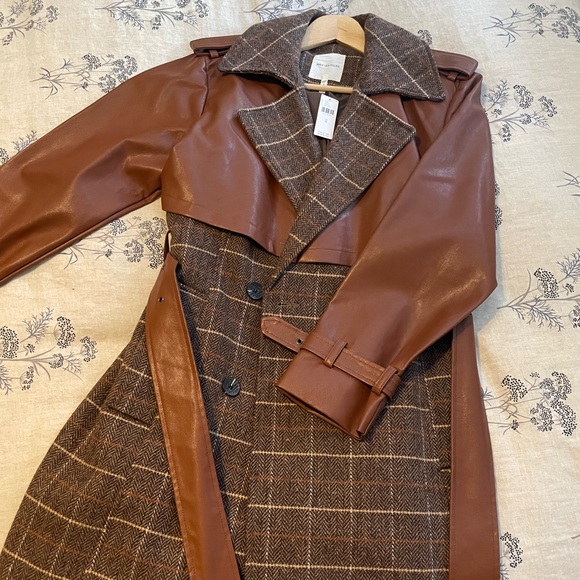 Anthropologie Jackets & Blazers - Wool-Blend Brown Trench Coat with Faux Leather Overlay